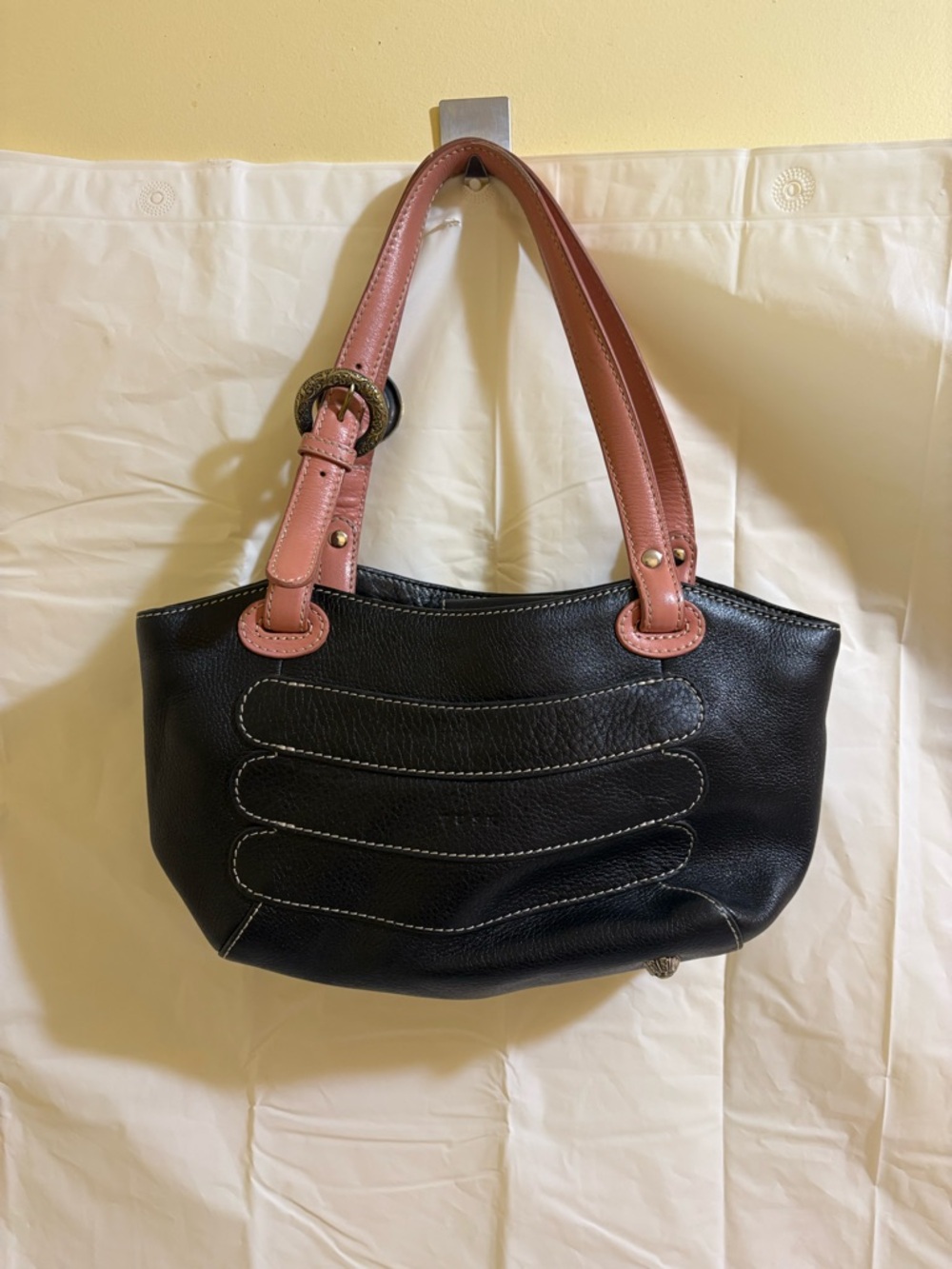 TUSK Black Leather Shoulder Bag Pink Strap Contrast Stitch Slouchy Hobo Purse